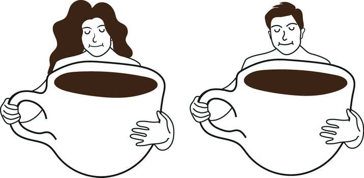 set of icons of people with large cups of coffee in line art style vector