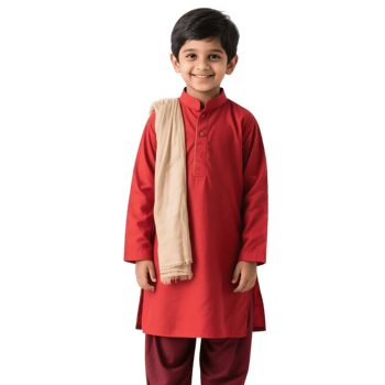 A sweet young boy dressed in a traditional red kurta pajama with a beige dupatta isolated on transparent background, radiating cultural warmth png