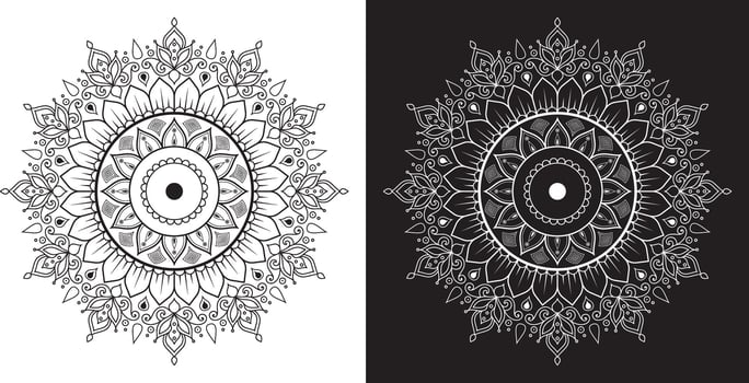 Beautiful Hand-Drawn Mandala with Intricate Layers and Bold Contrast on Light and Dark Backgrounds vector