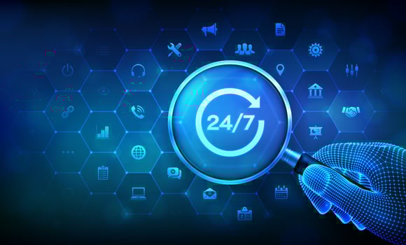 Magnifying glass showing 24/7 support vector