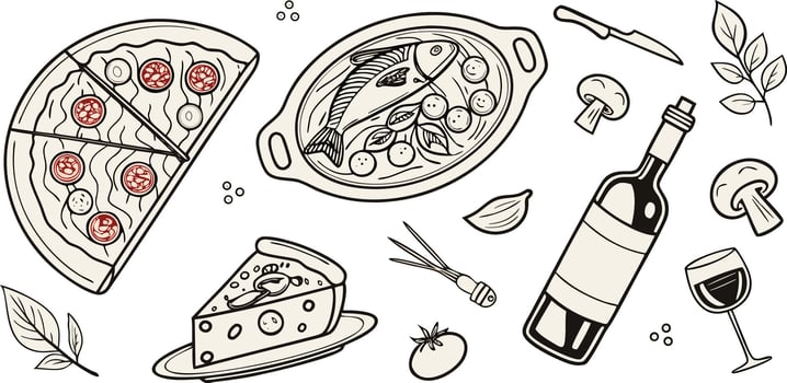 Hand Drawn Food Illustration with Fish Pizza and Pie on transparent background vector