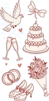 Wedding Celebration Elements Illustration with Red Outline on Transparent Background vector