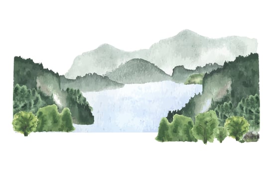 Scenic lake with mountains and trees vector