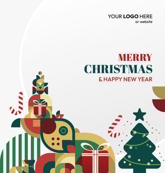 Square template with geometric Christmas ornaments. Perfect for creating festive social media posts, greeting cards, and New Year invites. vector