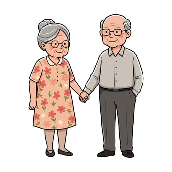 Elderly caucasian couple holding hands smiling in floral dress and glasses. vector