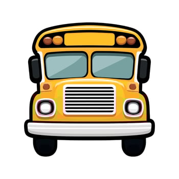 yellow school bus icon with windows and lights in flat cartoon vector