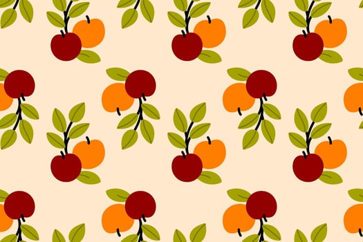 Colorful apples pattern with red, orange fruits and green foliage vector