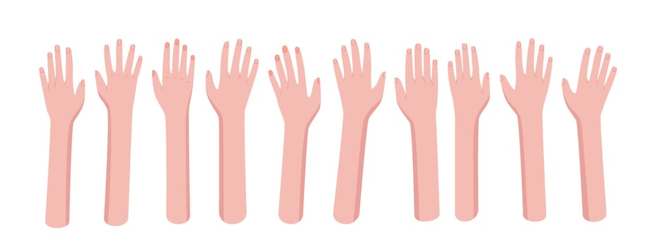 Flat colorful open bare hand set with raised hands and diverse gestures. Represents teamwork, support, and charity within a community concept. Perfect for promoting unity, aid, group collaboration vector