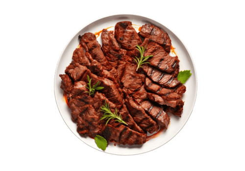 Delicious grilled beef steak slices with rosemary and basil garnish on plate png