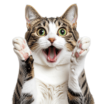A surprised cat with its paws raised in excitement isolated on a transparent background. png