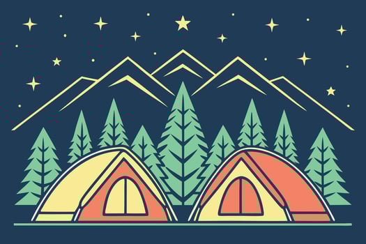 Two camping tents under a starry night sky with mountains and pine trees vector