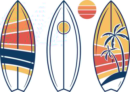 Three surfboards with retro sunset and palm tree designs vector