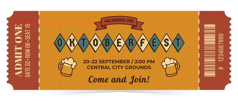 Oktoberfest entrance ticket with lettering, beer mugs, barcode in retro mid century style. Vintage illustration on white background for event, beer festival, party and more vector