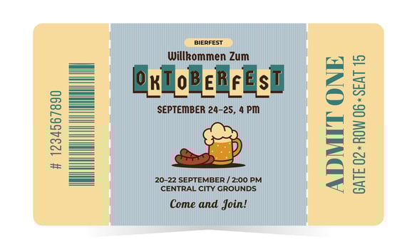 Oktoberfest entrance ticket with lettering, beer mug, sausage, barcode in retro mid century style. Vintage illustration for event promotion, beer festival, party and more on white background vector
