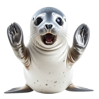 Playful baby seal with open mouth and raised paws isolated on a transparent background. png