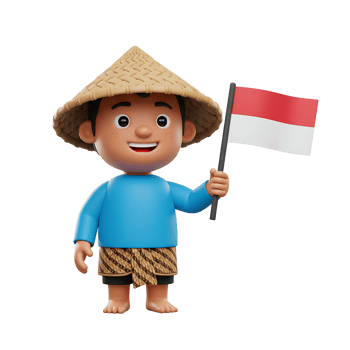 A cartoon boy wearing a woven hat is holding a flag, shown as a festive symbol or representation. png