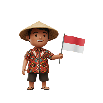 A cheerful boy holds a flag while wearing a straw hat and batik shirt, useful for cultural representation. png