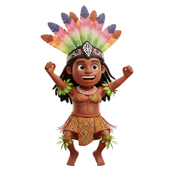 A cheerful cartoon character in native attire, complete with feathers and tribal prints, is jumping with joy, perfect for use in illustrations. png