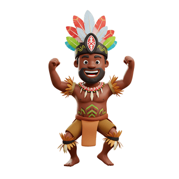 Cartoon character with feathers on his head is smiling while raising his arms for digital design creation. png