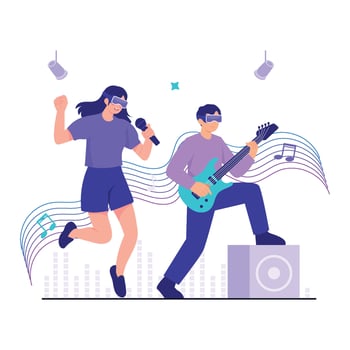 Two characters perform music in a virtual concert using VR headsets, surrounded by vibrant sound waves and stage lights. vector