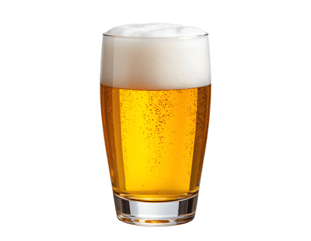 Tall glass of golden lager beer with thick foam head and carbonation bubbles png