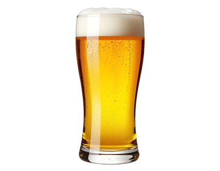Tall glass of golden beer with dense white foam and condensation on the glass png