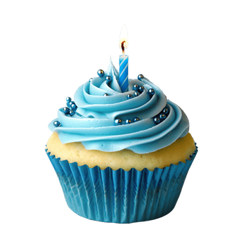 Blue frosted cupcake with silver sprinkles and a lit birthday candle isolated on transparent background png