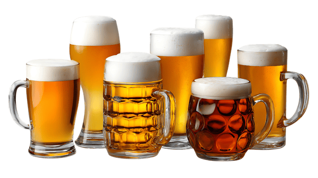 Collection of beer glasses with foam on transparent background png