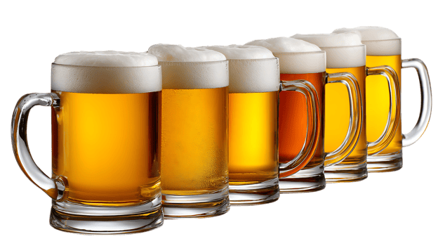 Row of frothy beer mugs isolated on transparent background png