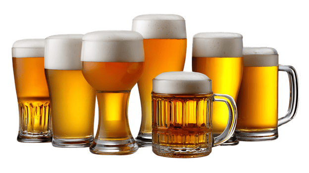 Set of frothy beer glasses isolated on transparent background png