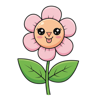 Cartoon Flower With A Face And Tongue Sticking Out On A Stem With Green Leaves Isolated png