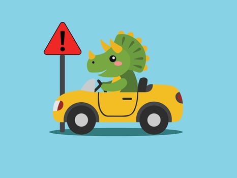 A funny cartoon dinosaur in a yellow car. A playful concept for promoting driving safety in a child-friendly way. vector