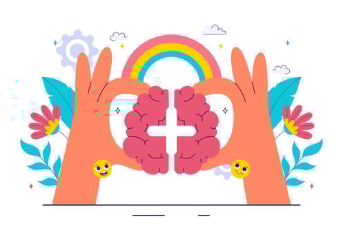 Hands holding a brain with a rainbow vector