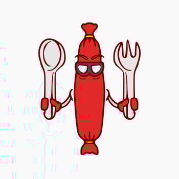 sausage mascot holding spoon and fork design with a cartoon theme. on a white background vector