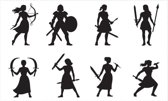 Eight Black Silhouettes of Women Warriors with Weapons woman female vector