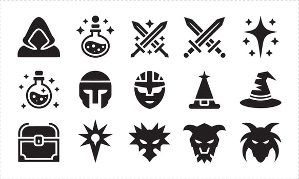 Fantasy game icons including hooded figure potion swords helmets wizard hat symbol vector
