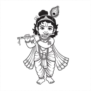 Black and white illustration of baby Krishna playing the flute Hindu god Indian mythology vector