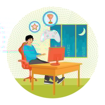 Gamer sitting at the desk indoors vector