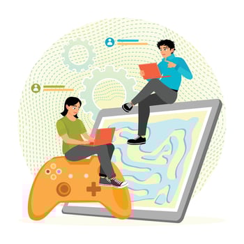 Two young gamers using devices vector