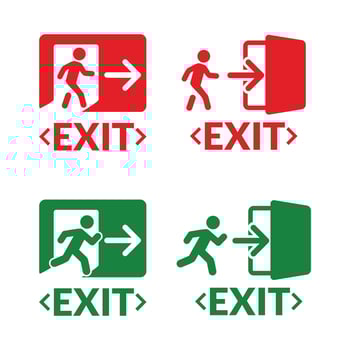 Emergency exit icon set. Evacuation signs for safety featuring a running person, a door symbol illustration, and an arrow. vector