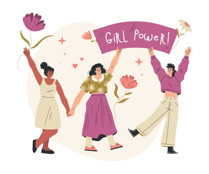 Strong Woman Character Together Hold Ribbon and Flower Have Power as Feminism Illustration vector