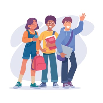 Man and Woman Student Character with Backpack Stand Together Wave Hand Illustration vector