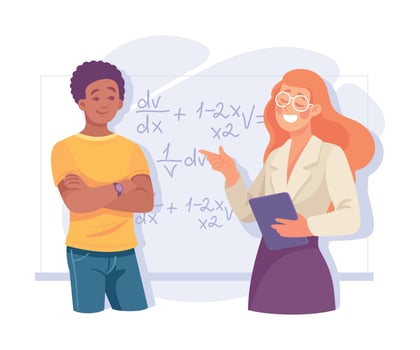 Man Student Character at Blackboard with Woman Teacher at Lesson Illustration vector