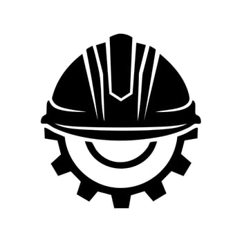 A black and white image of a helmet with gears vector
