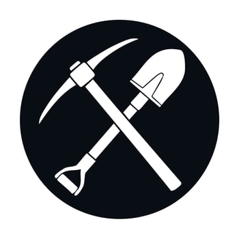 A black and white icon of a shovel and pickaxe vector