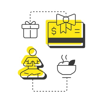 Perks modern linear concept icon. Payment benefits, salary. Meditation, relaxation. Wellness programs. Flat outline elements connected with dotted lines. Creative visual. Easy to edit vector