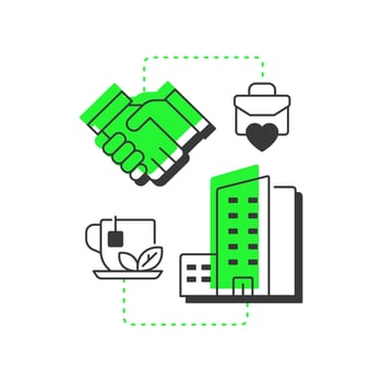 Organizational culture modern linear concept icon. Work life balance, workplace. Company values. Corporate perks. Flat outline elements connected with dotted lines. Creative visual. Easy to edit vector
