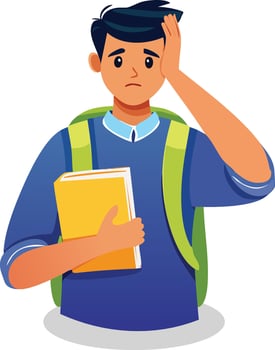 worried teenage boy holding book and touching head, stressed student character with backpack, flat illustration vector