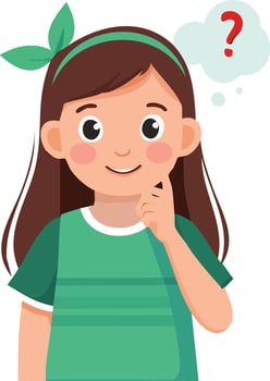 smart curious girl with question mark thought bubble, pondering and smiling. flat cartoon vector