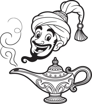 Aladdin's Genie Head with Magic Lamp Cartoon Outline Arabian Nights Character for Kids Coloring Book vector